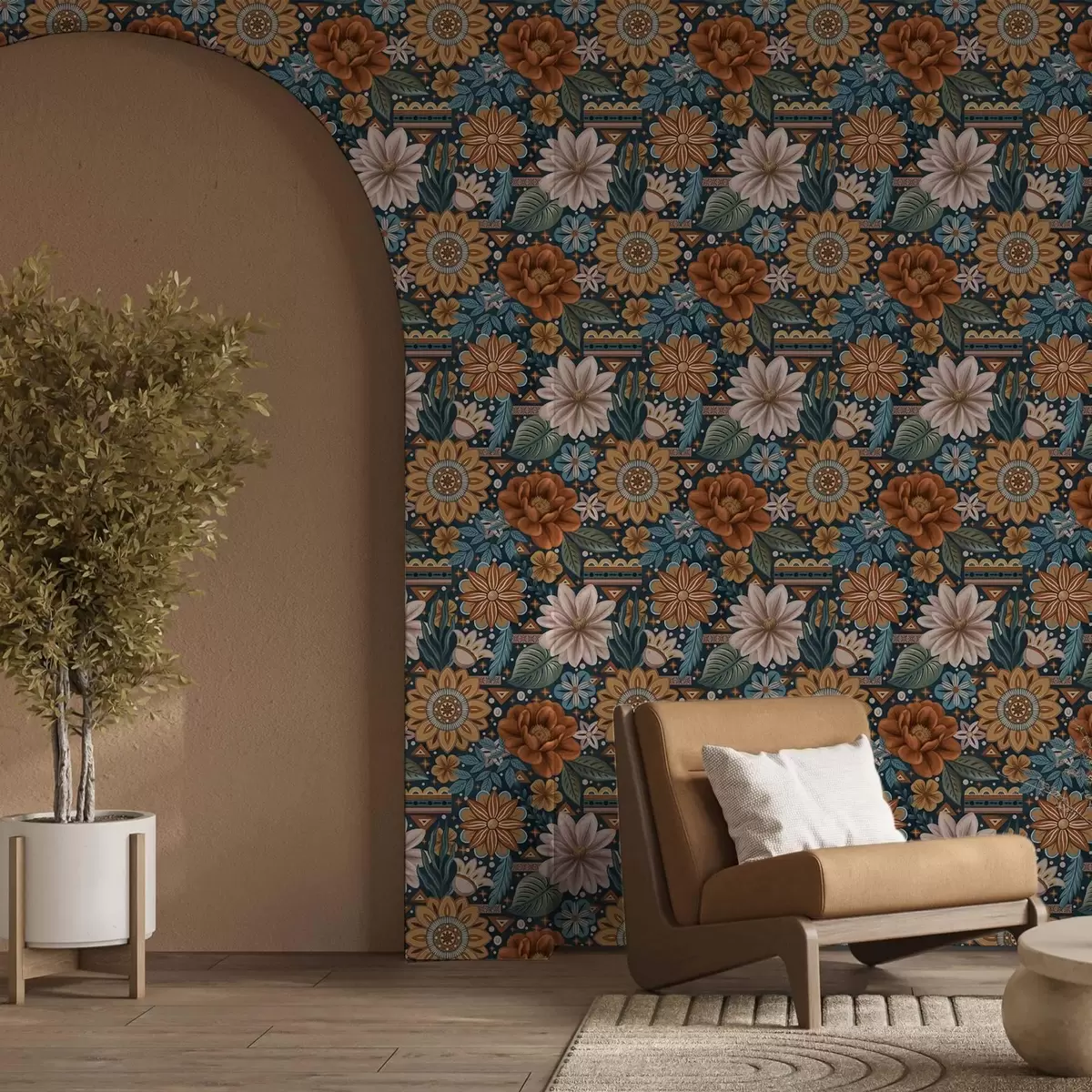 Wallpaper Bright decorative flowers with geometric elements a00305