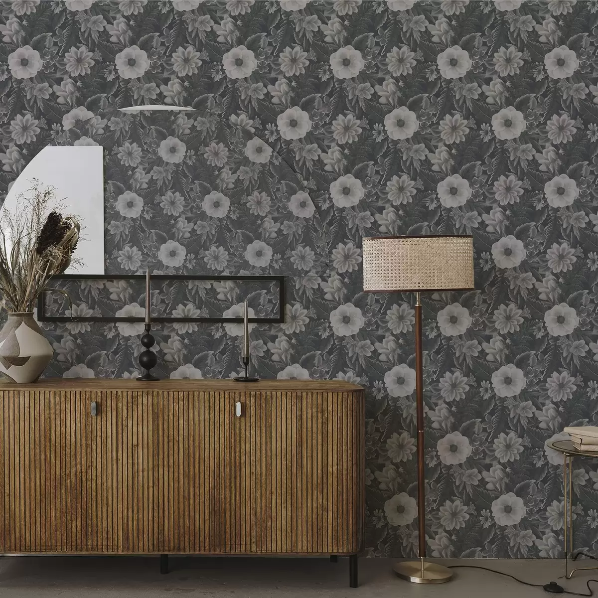 Wallpaper Gray and and white floral pattern with retro effect a00307