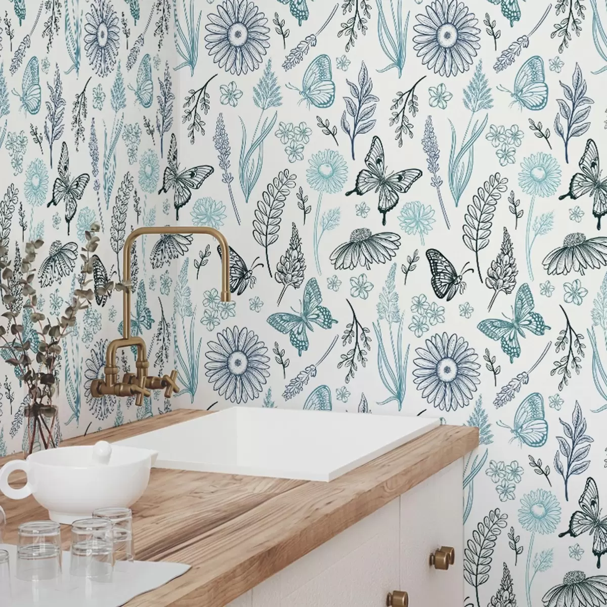 Wallpaper Contour butterflies and flowers in blue and blue tones a00311