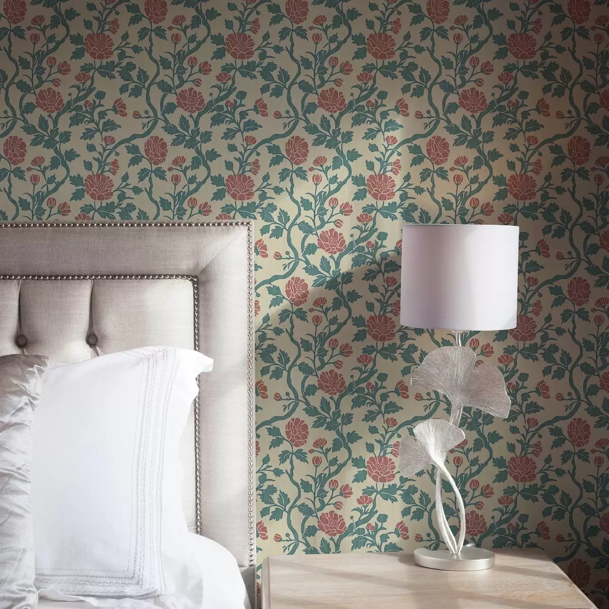 Wallpaper Ornamental pink flowers on a beige background a00414