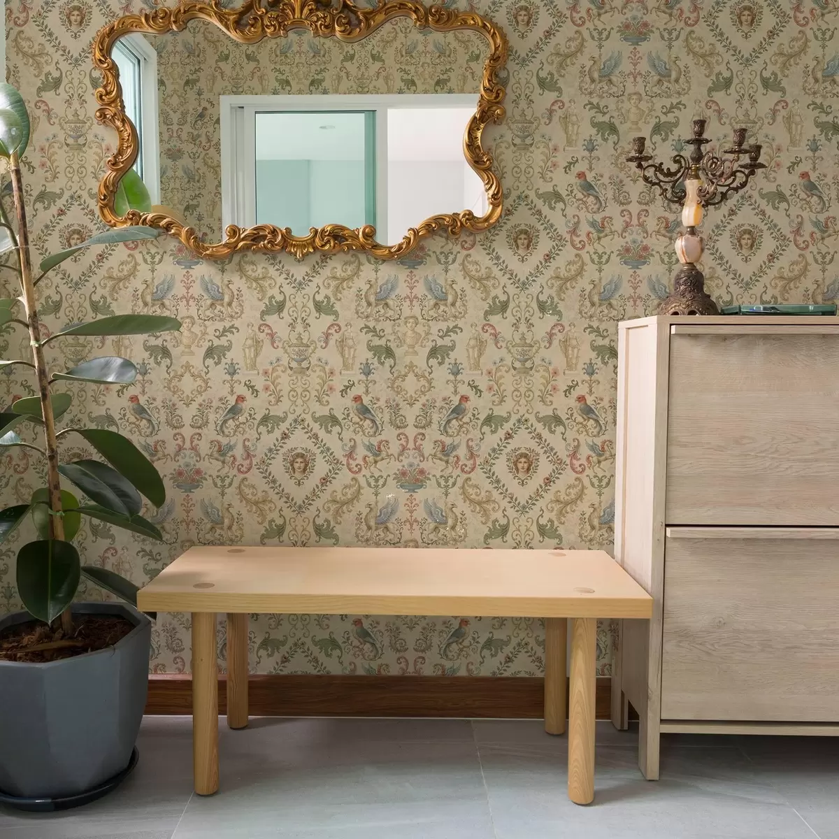 Wallpaper Vintage ornament with griffins, flowers and figures a00402