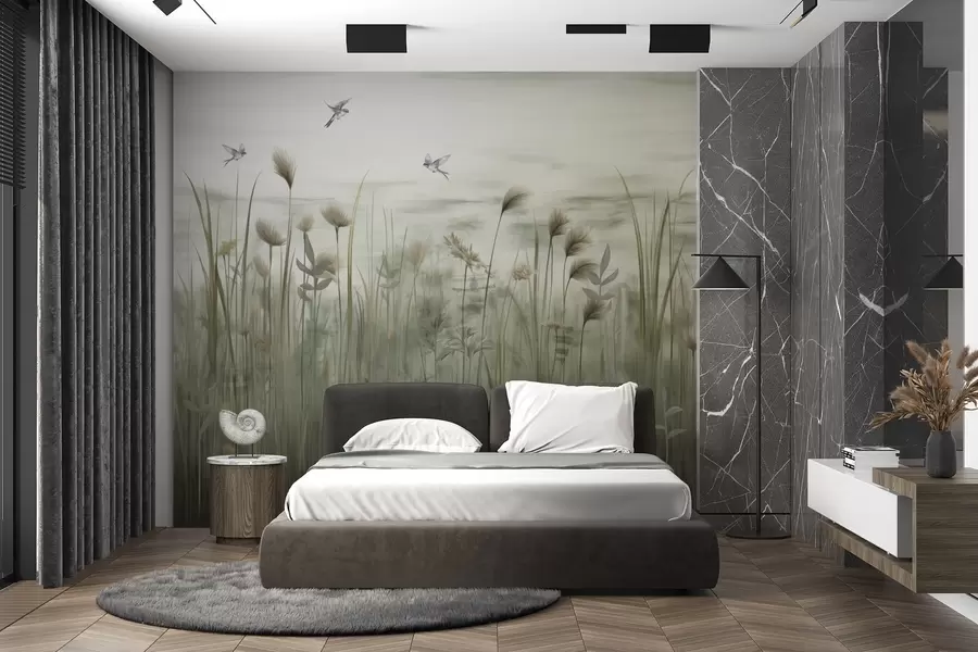 wall murals Light version of grass landscape with swallows w04258