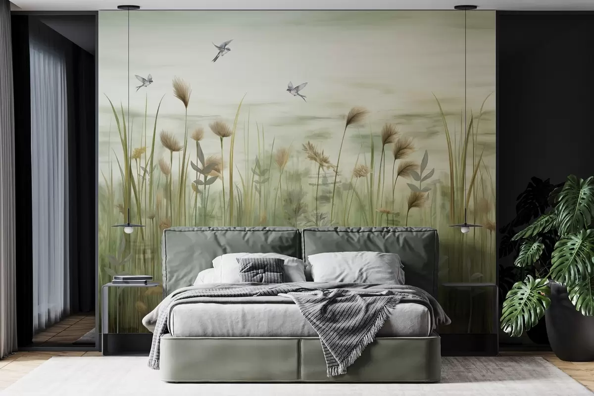 wall murals Grass landscape with swallows against soft sky w04258v1