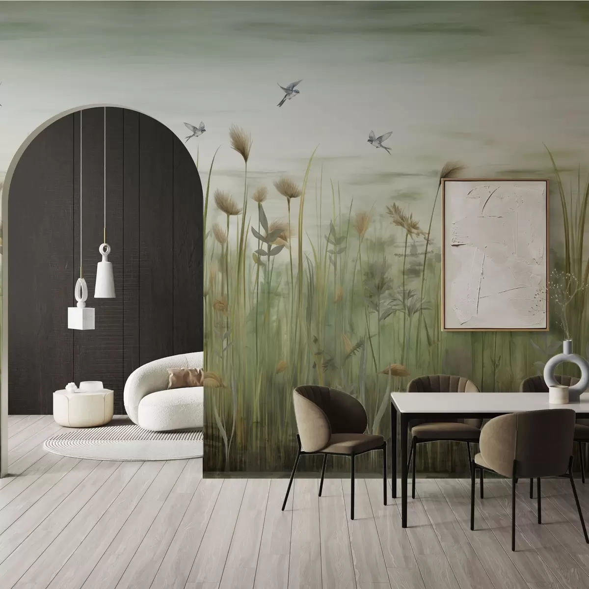 wall murals Grass landscape with swallows against soft sky w04258v1