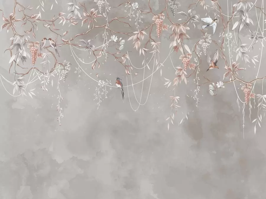 wall murals Branches with grapes and birds on warm gray-pink background w04302