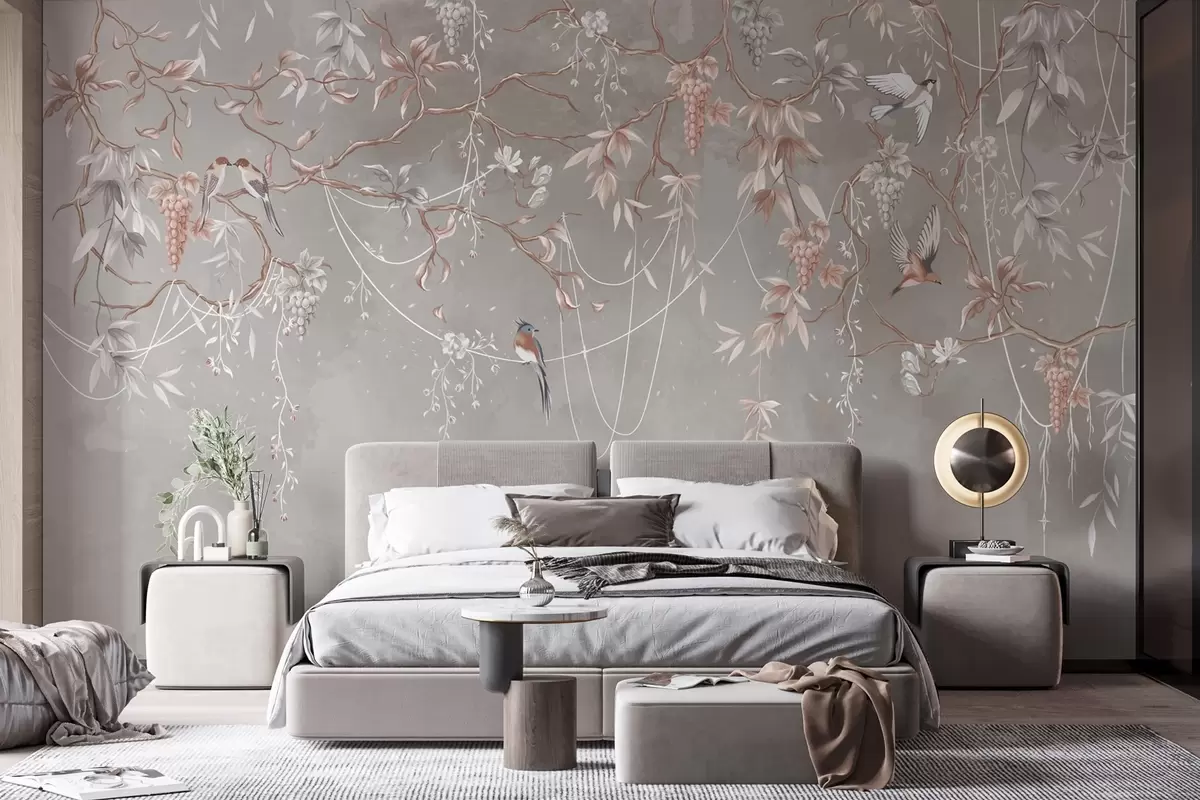 wall murals Branches with grapes and birds on warm gray-pink background w04302