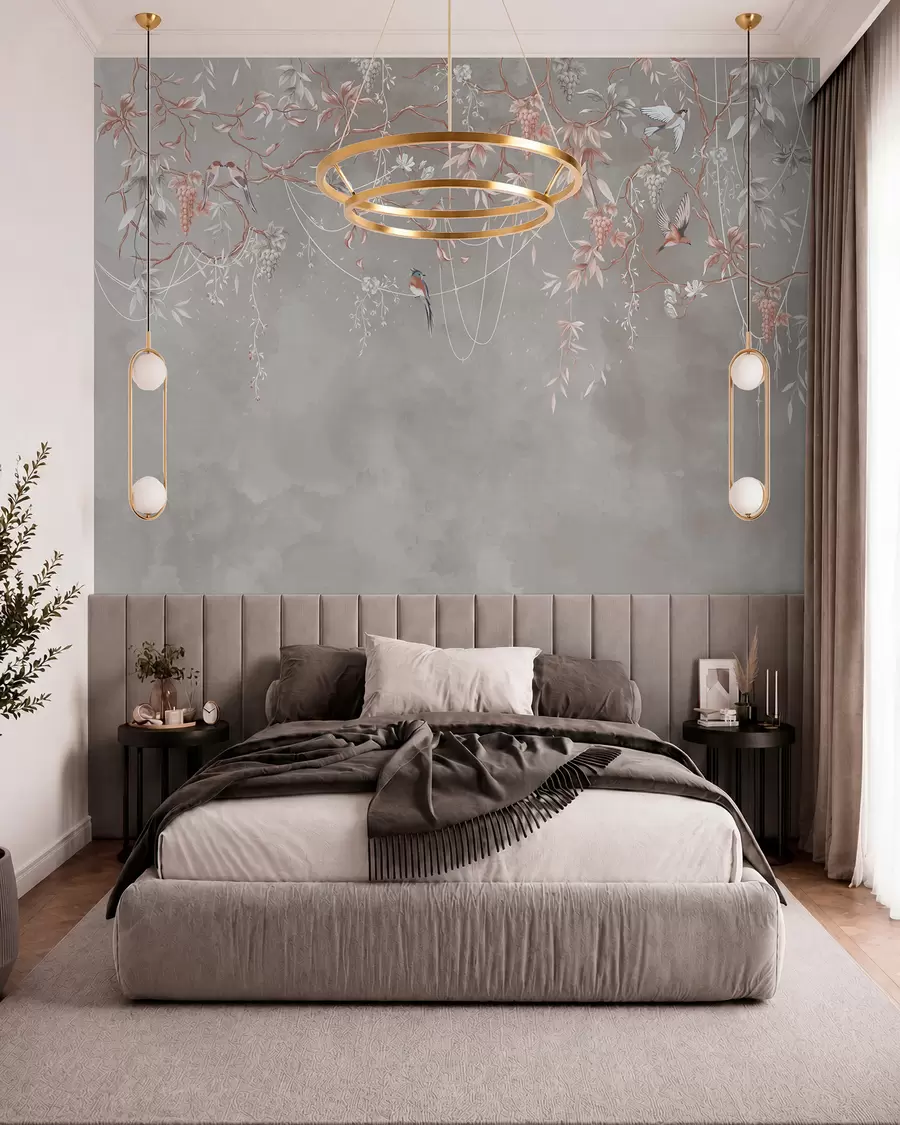 wall murals Branches with grapes and birds on warm gray-pink background w04302