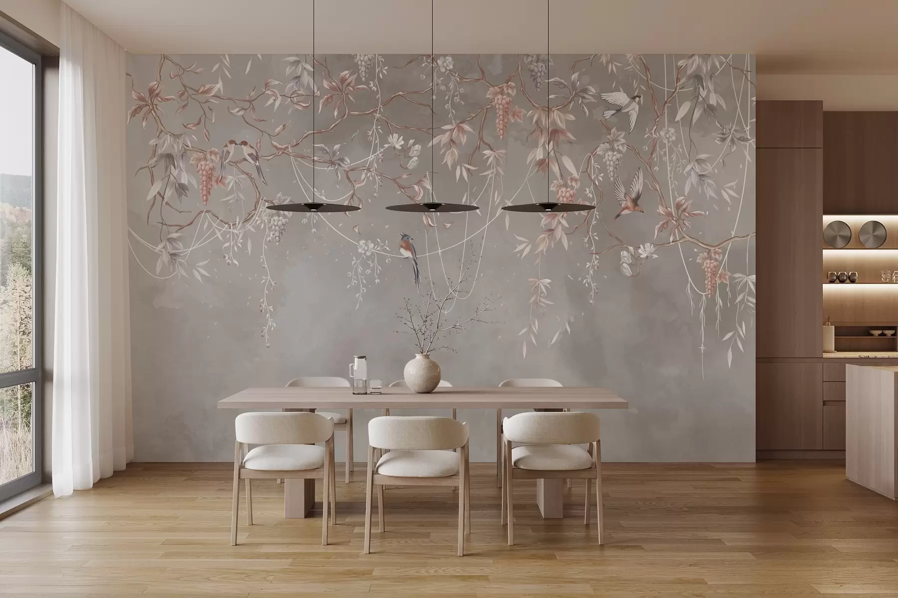 wall murals Branches with grapes and birds on warm gray-pink background w04302