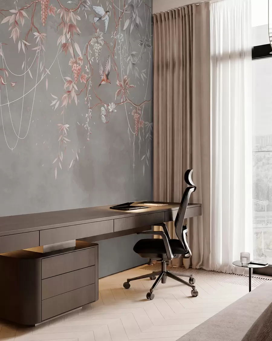 wall murals Branches with grapes and birds on warm gray-pink background w04302