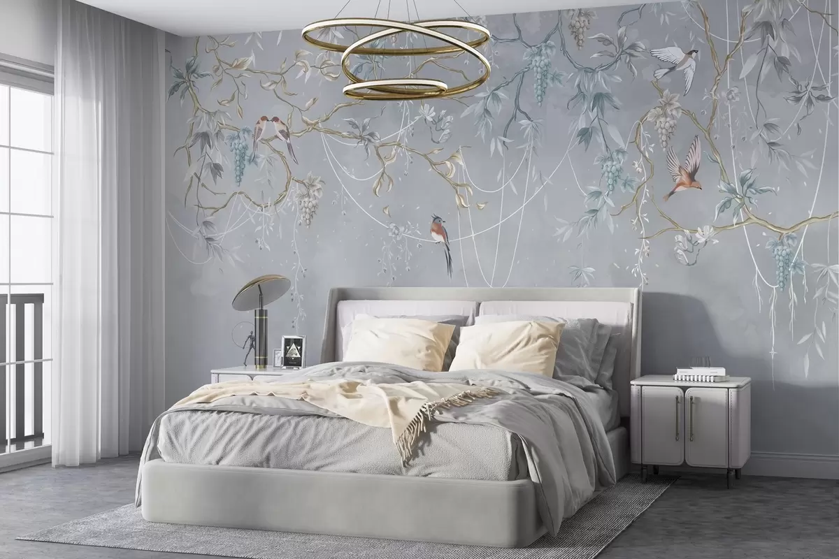 wall murals Cold variant with blue background and thin branches w04302v3