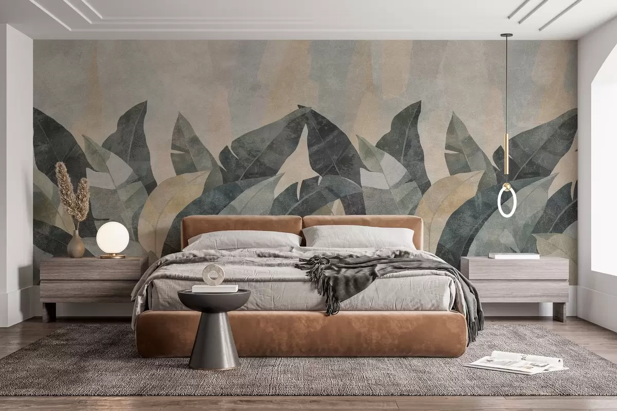 wall murals textured banana leaves in natural shades of beige, green and gray w04285