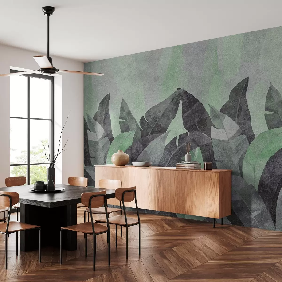 wall murals textured banana leaves in shades of green and gray w04285v1