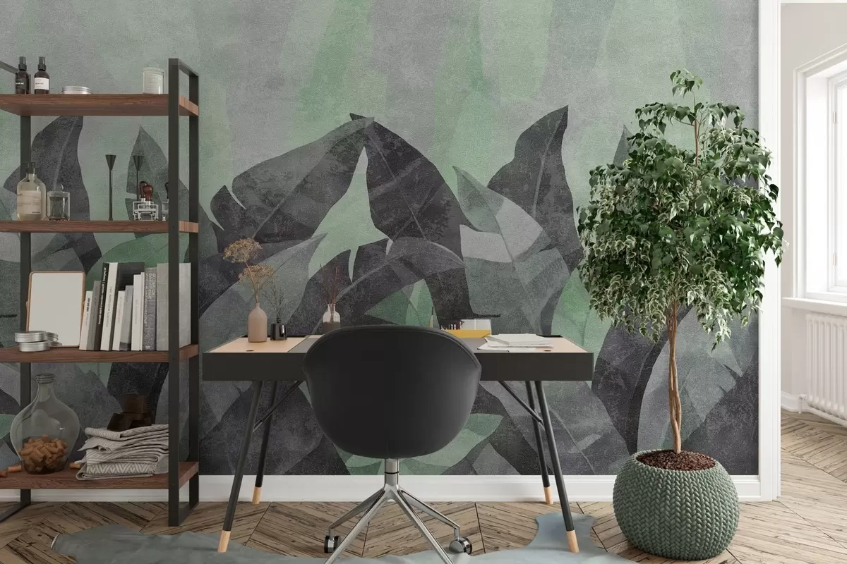 wall murals textured banana leaves in shades of green and gray w04285v1