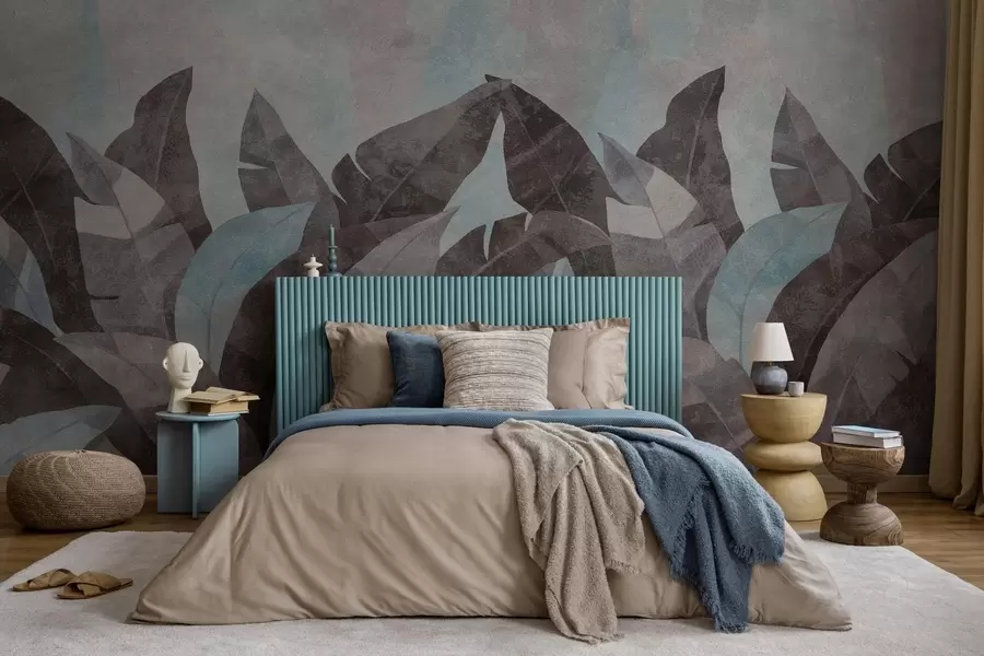 wall murals textured banana leaves in shades of blue and gray w04285v2