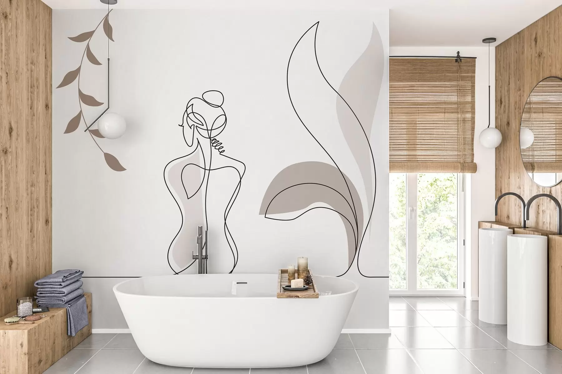 wall murals linear silhouette of a woman and leaves w04303