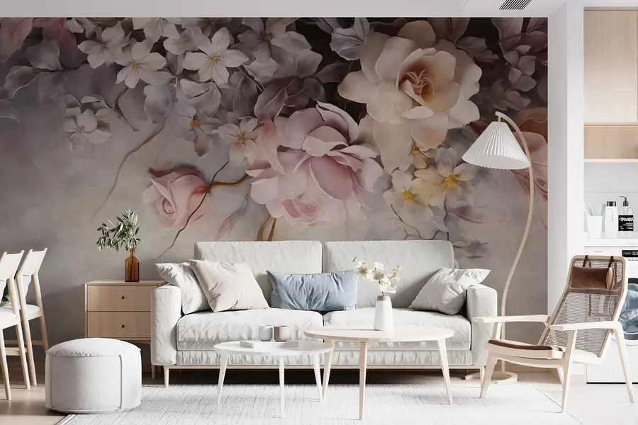wall murals Large flowers hanging down the wall on a concrete background w09184