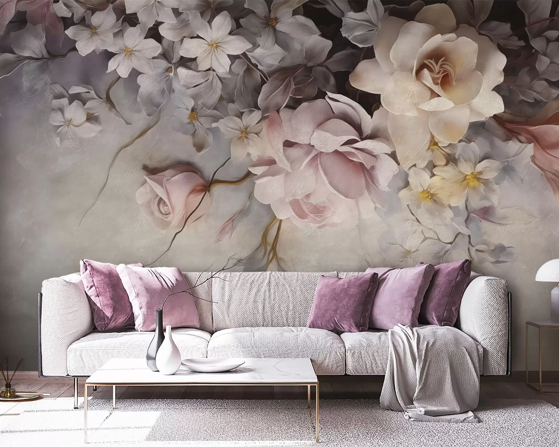 wall murals Large flowers hanging down the wall on a concrete background w09184