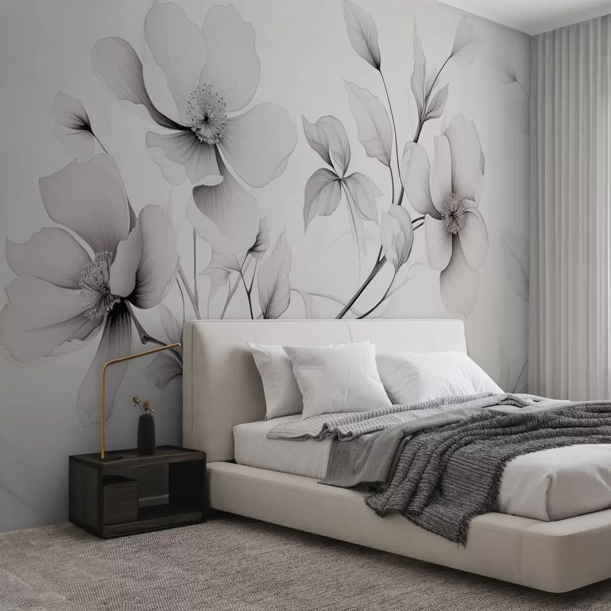 wall murals Black and white flowers with elegant lines on a gray background w09271