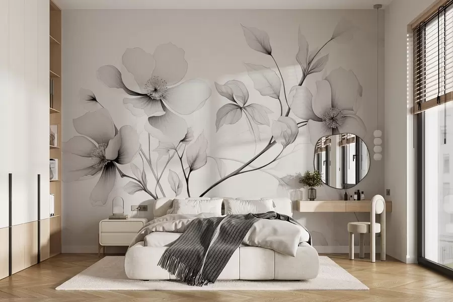 wall murals Black and white flowers with elegant lines on a gray background w09271