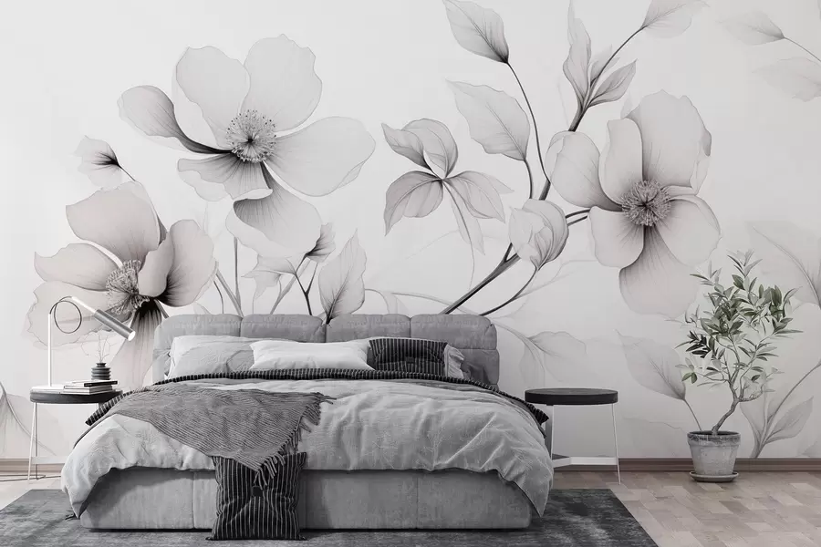 wall murals Black and white flowers with elegant lines on a gray background w09271