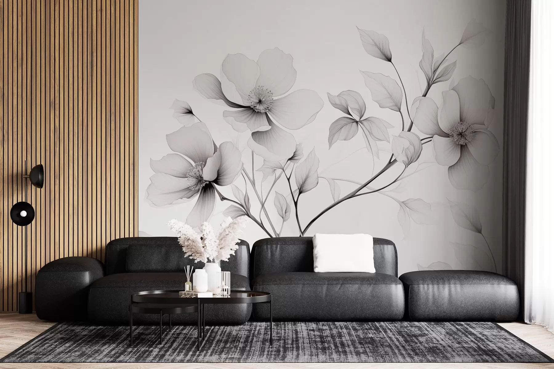 wall murals Black and white flowers with elegant lines on a gray background w09271