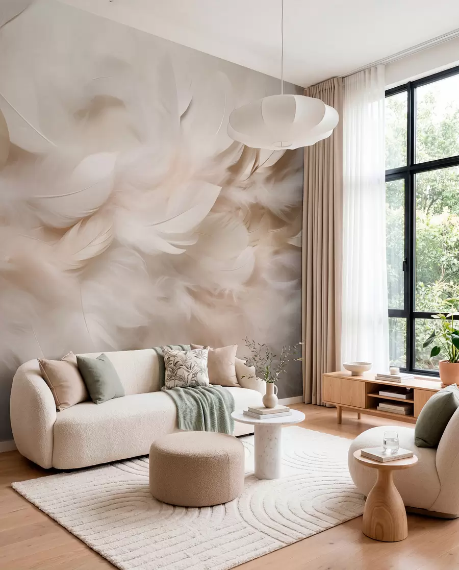 wall murals Fluffy feathers and down in creamy shades w09274