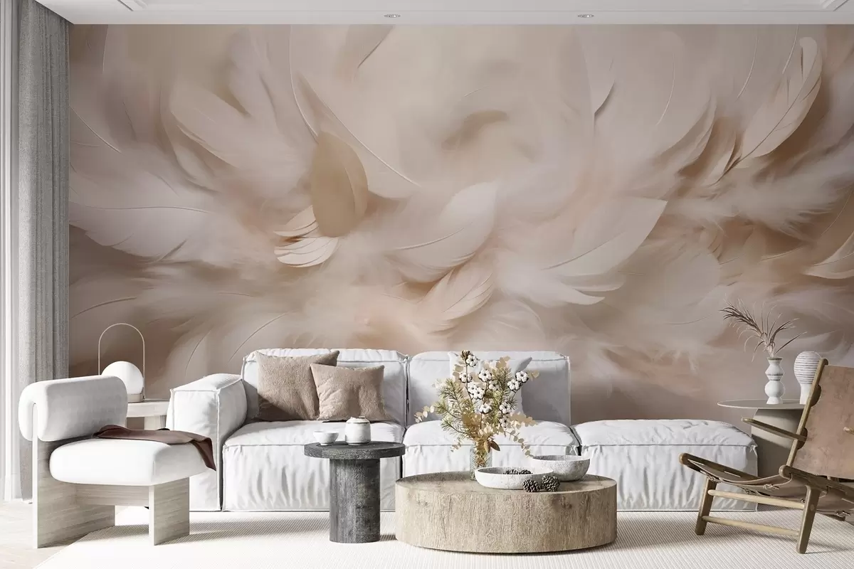wall murals Fluffy feathers and down in creamy shades w09274