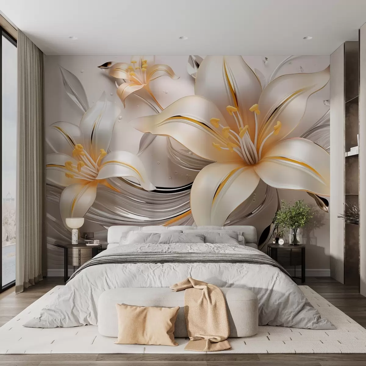 wall murals Yellow lilies with 3D effect on a light background w09278