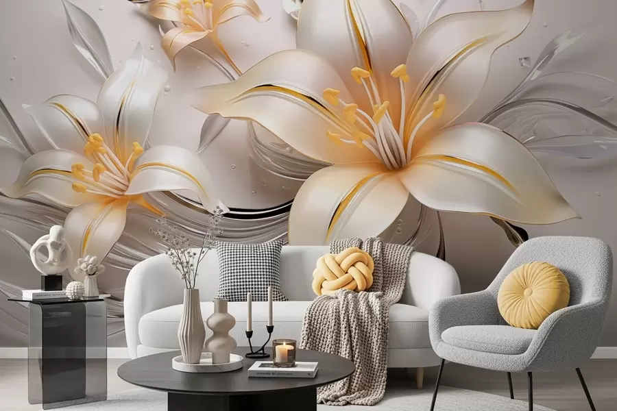 wall murals Yellow lilies with 3D effect on a light background w09278