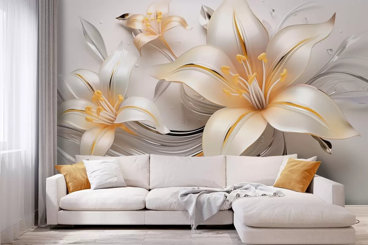 wall murals Yellow lilies with 3D effect on a light background w09278