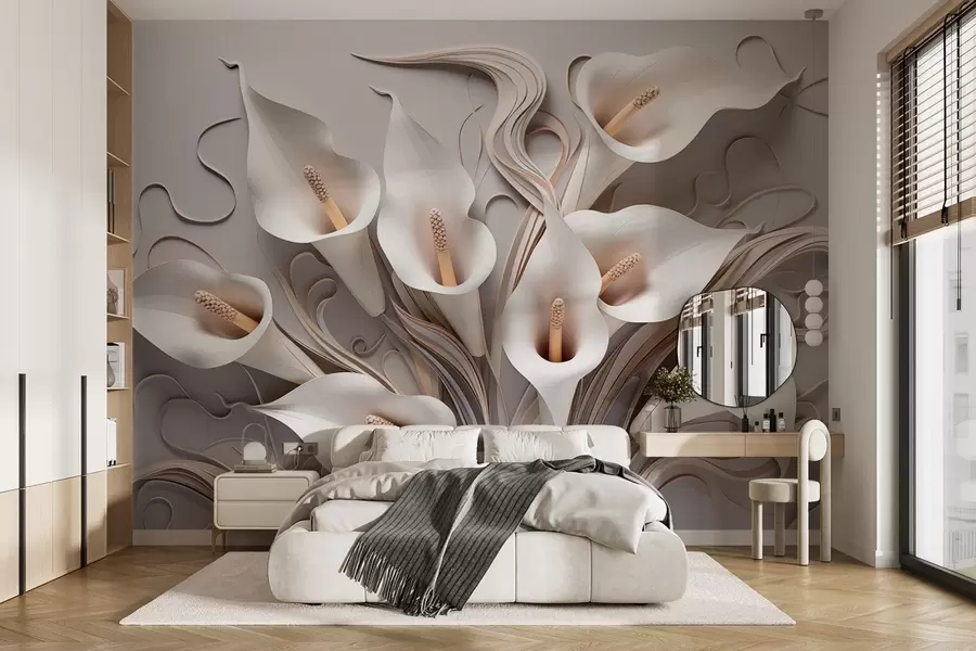 wall murals Volumetric calla lilies in creamy tones with 3D effect w09281