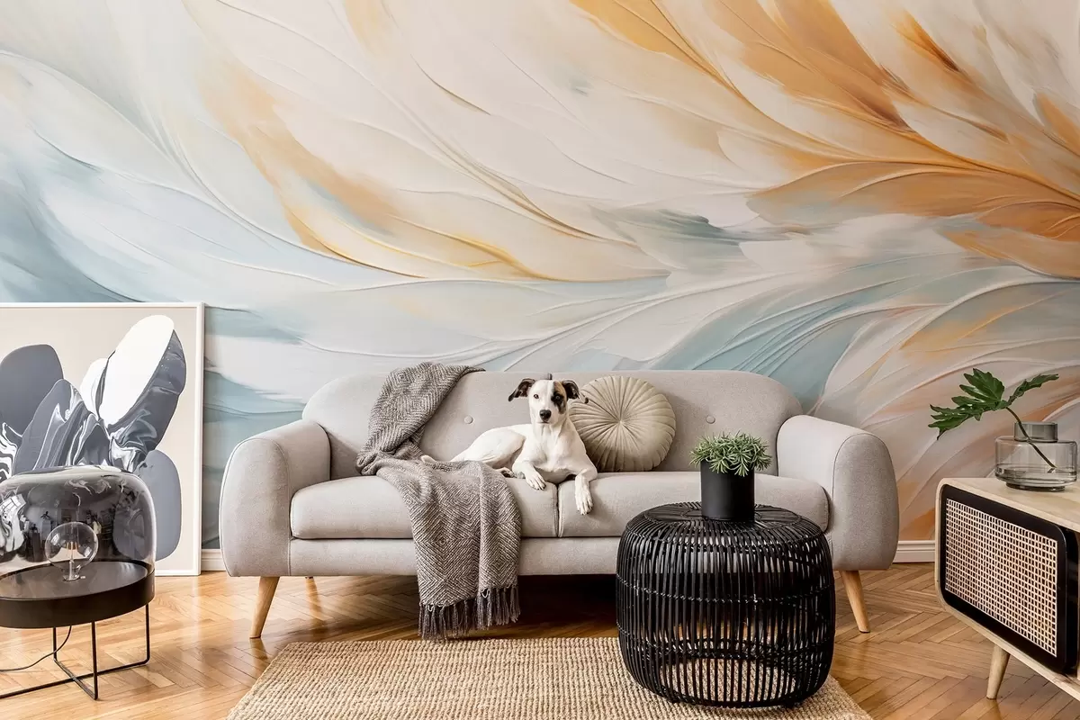 wall murals Abstract feathers in soft blue and orange tones w09283
