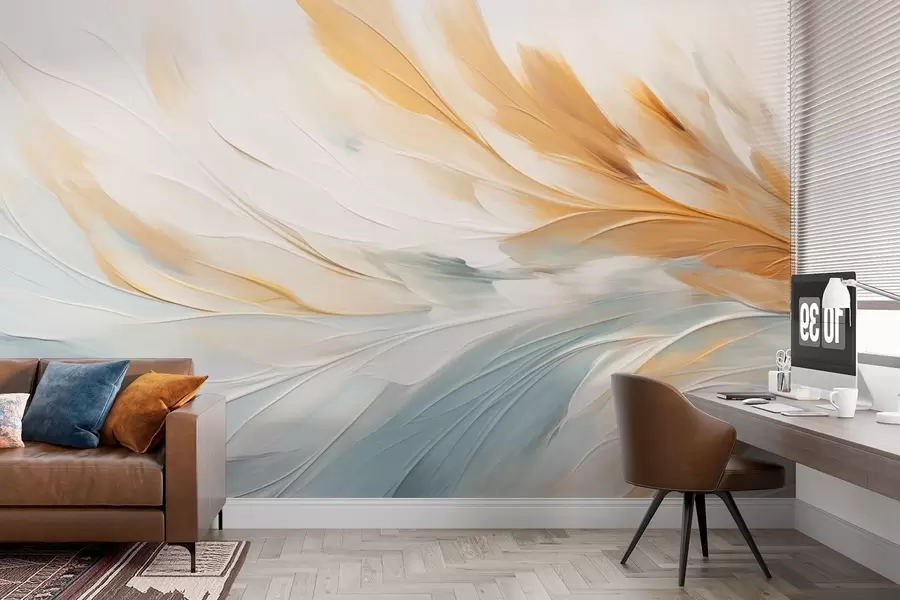 wall murals Abstract feathers in soft blue and orange tones w09283