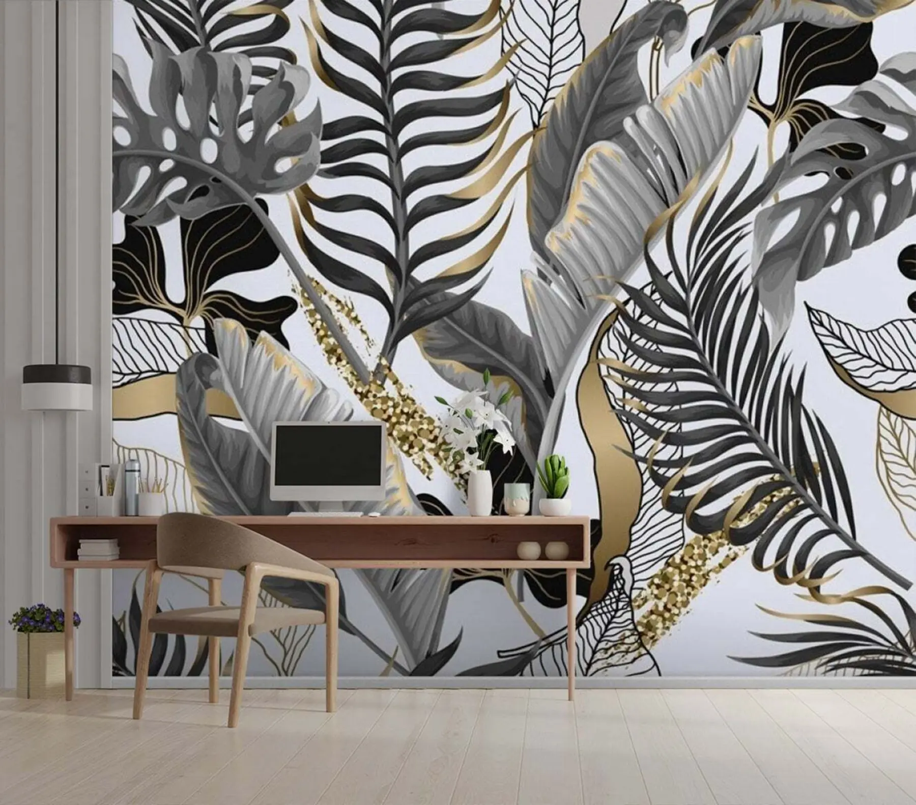 wall murals Tropical leaves gray on a white background u71888