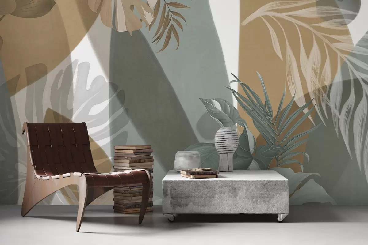 wall murals Monstera leaves and palm leaves in a pattern with brown, white and green colors, tropical vibe, abstract shapes, decorative w09288