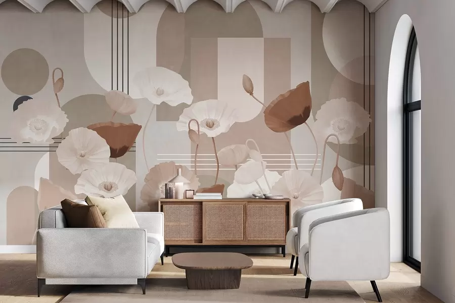 wall murals Poppies in white and beige colors with geometric shapes in the background, circles and arches, minimalist style, soft colors w09289