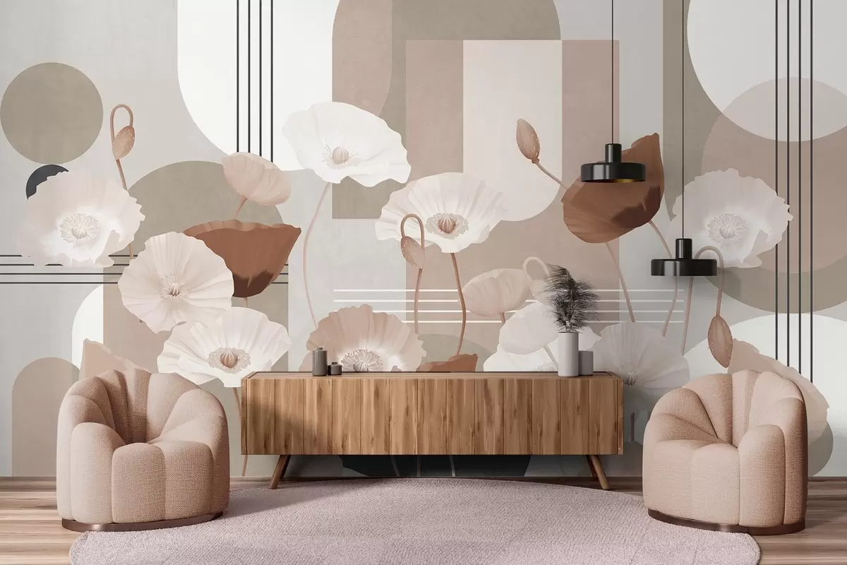 wall murals Poppies in white and beige colors with geometric shapes in the background, circles and arches, minimalist style, soft colors w09289