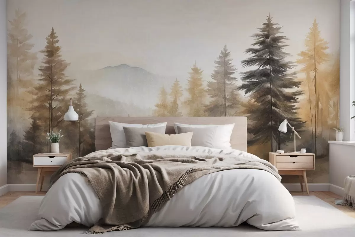 wall murals Textured autumn forest with tall pine trees and mountains in the background, the colors are muted and earthy painting style w09290