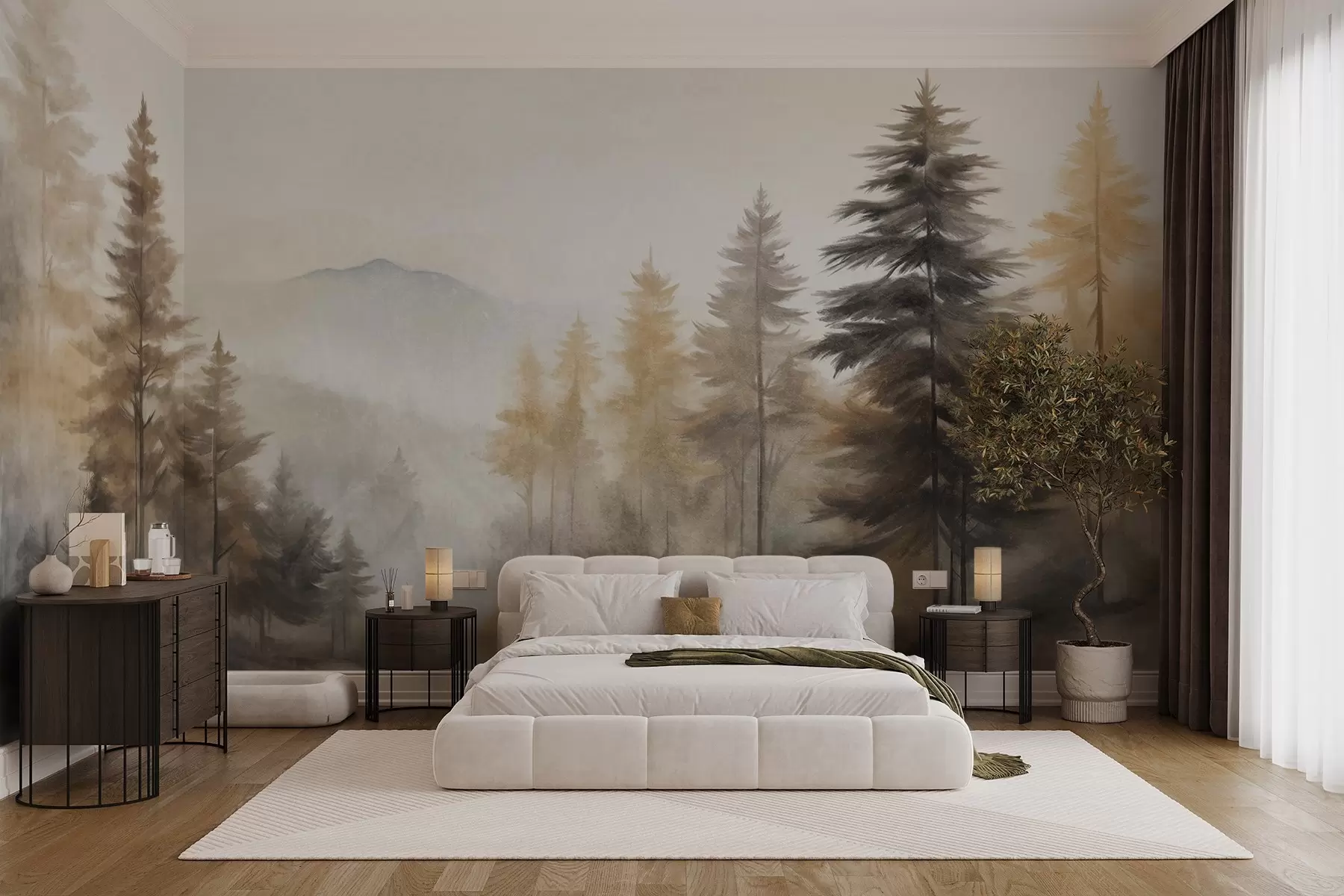 wall murals Textured autumn forest with tall pine trees and mountains in the background, the colors are muted and earthy painting style w09290