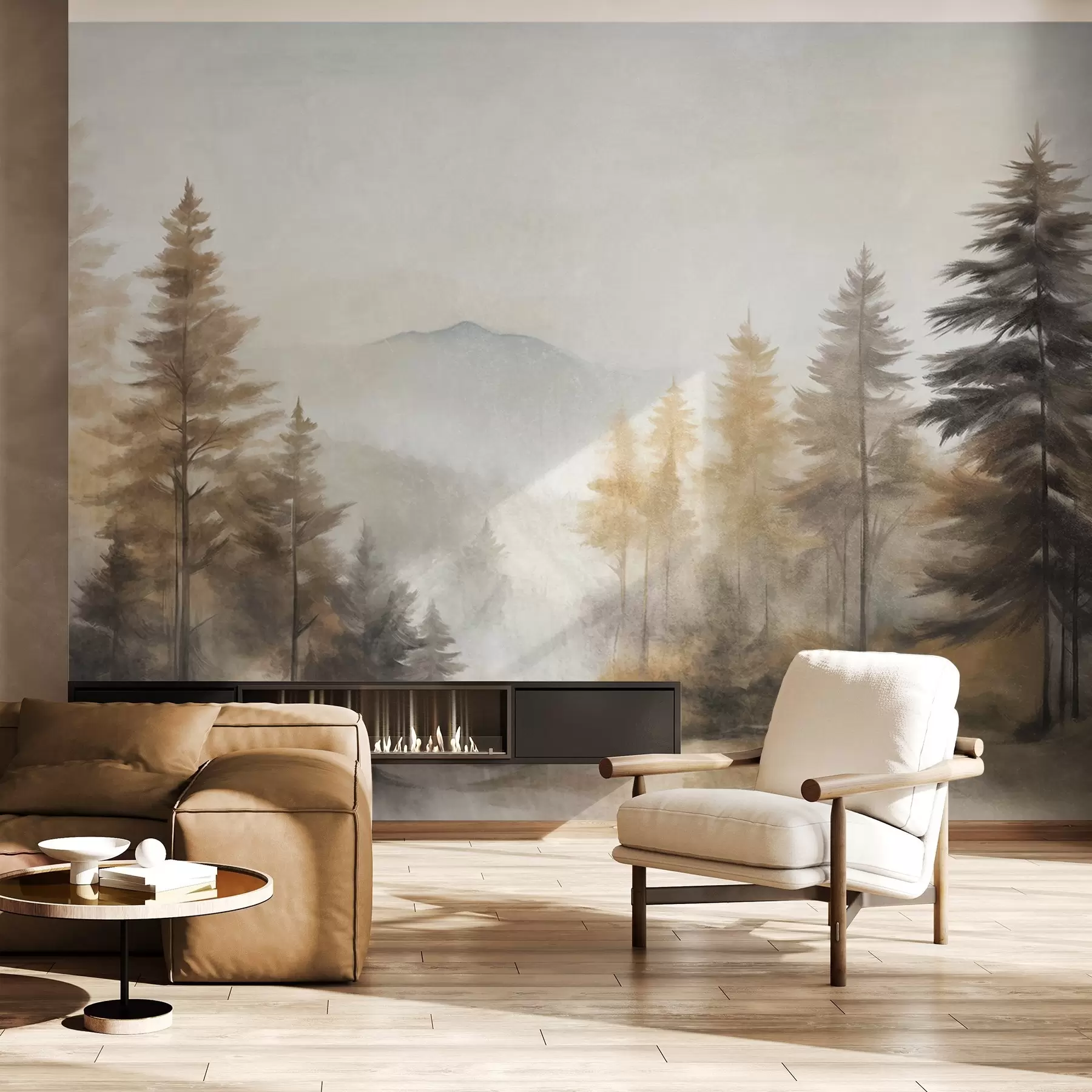 wall murals Textured autumn forest with tall pine trees and mountains in the background, the colors are muted and earthy painting style w09290