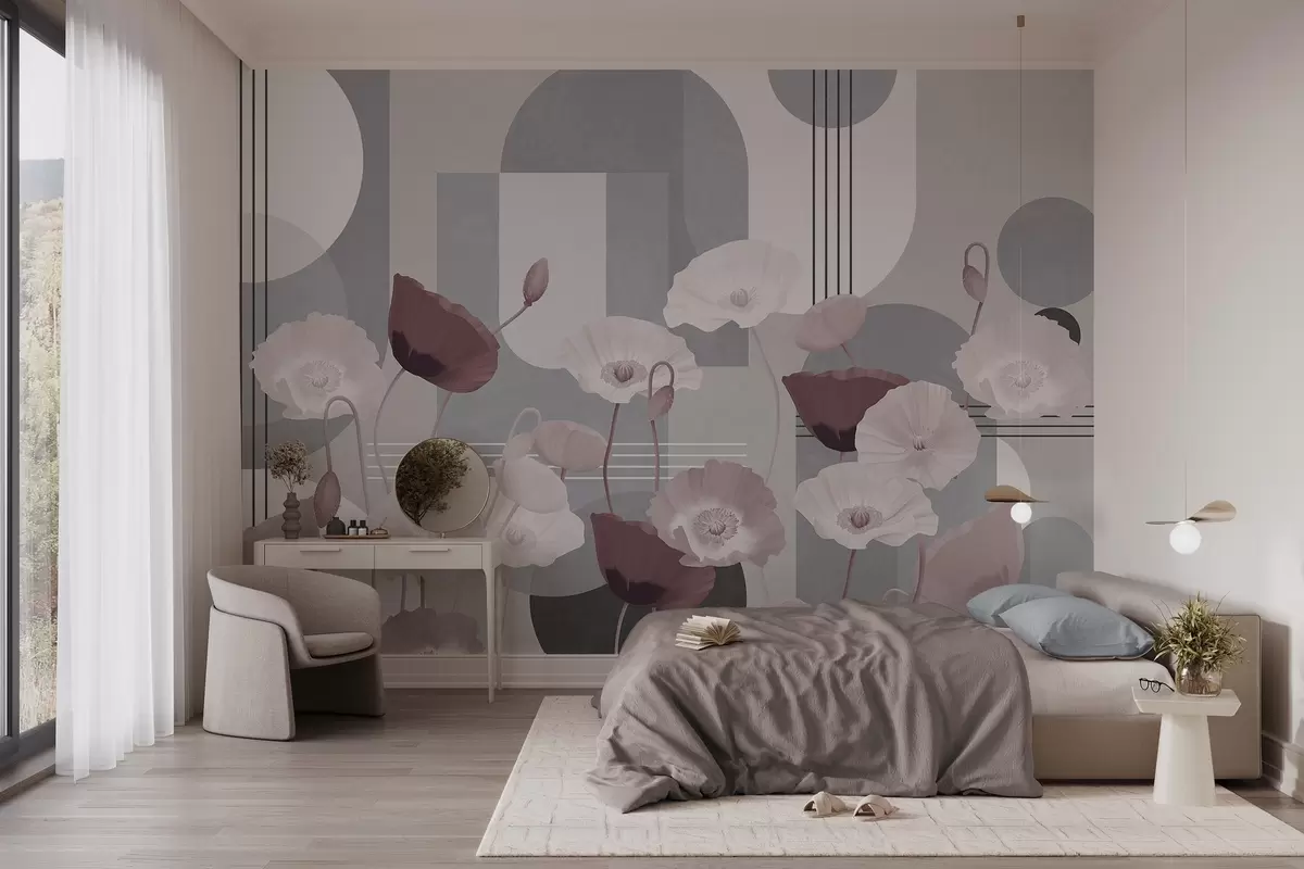 wall murals Poppies in white and gray colors with geometric shapes in the background, circles and arches, minimalist style, soft colors w09289v1