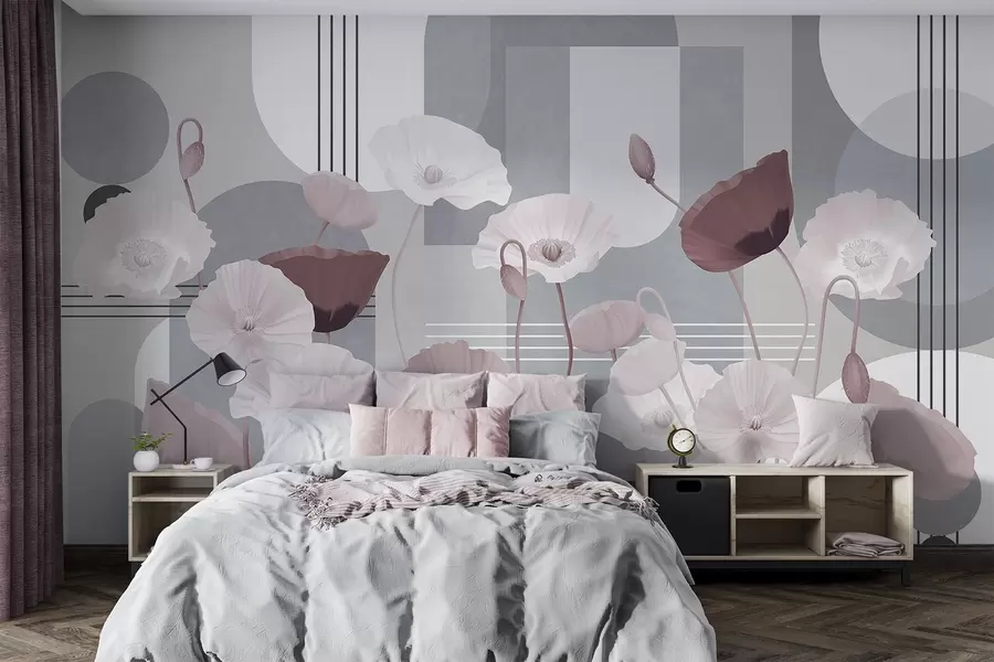 wall murals Poppies in white and gray colors with geometric shapes in the background, circles and arches, minimalist style, soft colors w09289v1