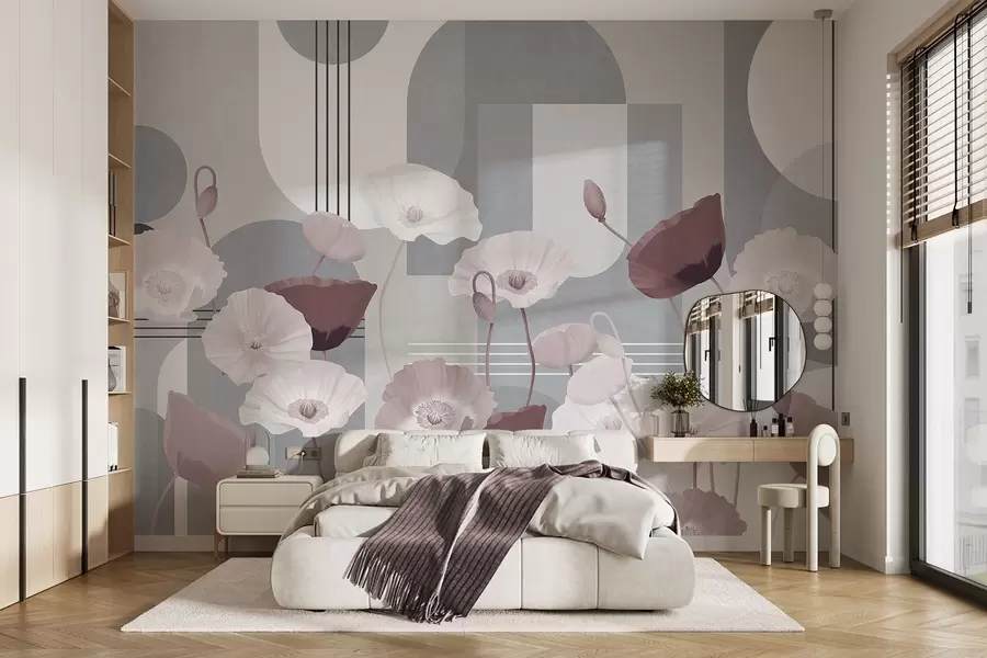 wall murals Poppies in white and gray colors with geometric shapes in the background, circles and arches, minimalist style, soft colors w09289v1