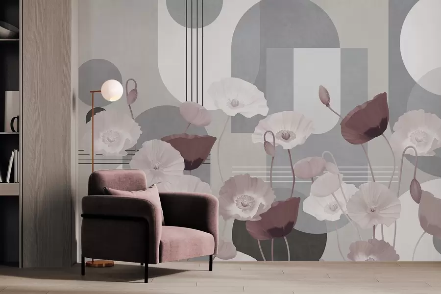 wall murals Poppies in white and gray colors with geometric shapes in the background, circles and arches, minimalist style, soft colors w09289v1