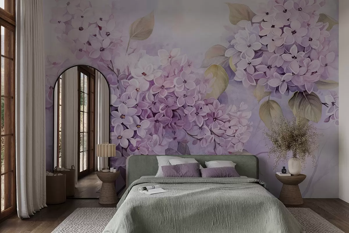 wall murals Lilac textured flowers with light purple petals, light green leaves, watercolor style, soft, pastel colors, delicate brushstrokes w09291