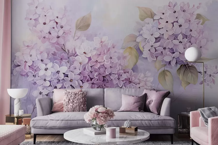 wall murals Lilac textured flowers with light purple petals, light green leaves, watercolor style, soft, pastel colors, delicate brushstrokes w09291