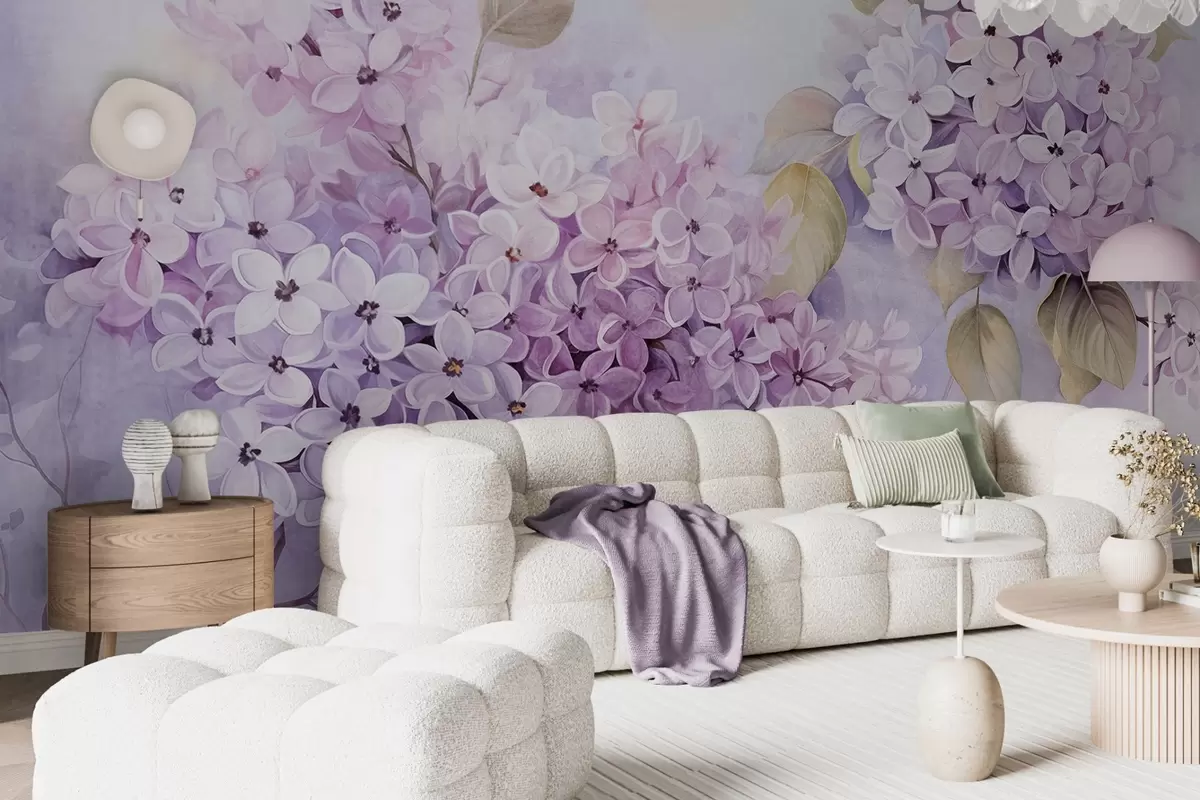 wall murals Lilac textured flowers with light purple petals, light green leaves, watercolor style, soft, pastel colors, delicate brushstrokes w09291