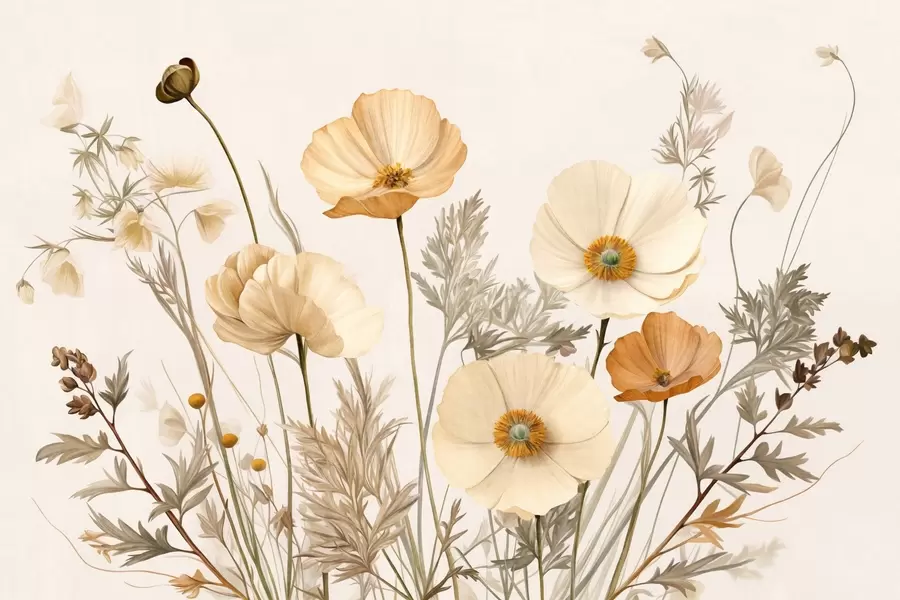 wall murals Orange and white vintage textured poppies with thin stems and leaves, light beige background, watercolor style w09293