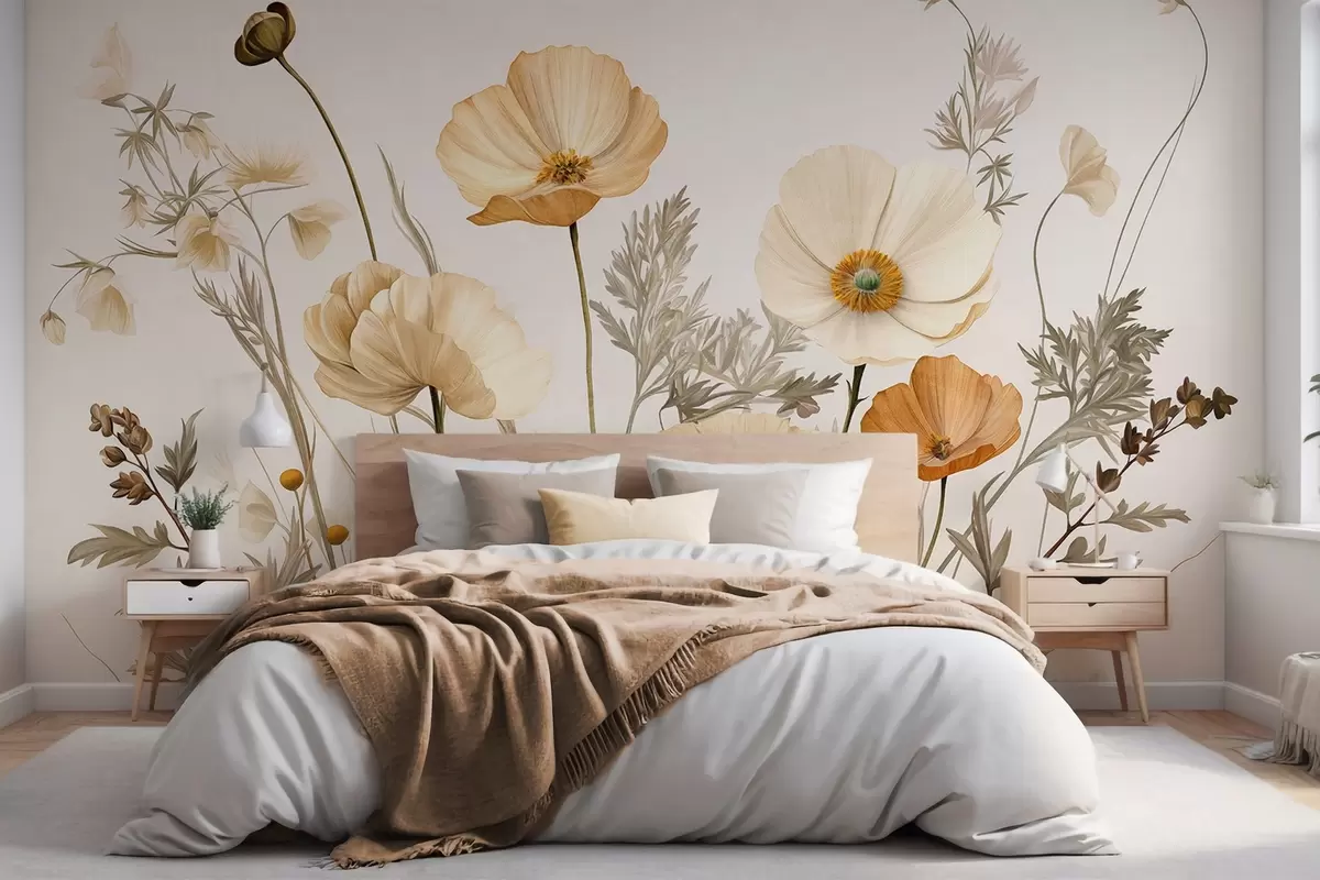 wall murals Orange and white vintage textured poppies with thin stems and leaves, light beige background, watercolor style w09293