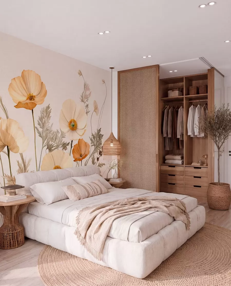wall murals Orange and white vintage textured poppies with thin stems and leaves, light beige background, watercolor style w09293